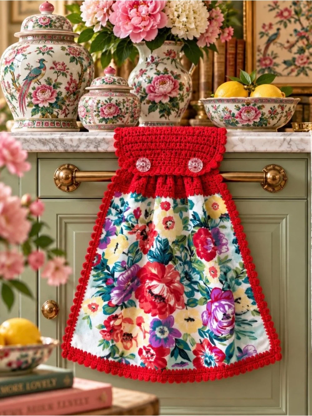 Pioneer Woman Floral Red Crochet Hanging Kitchen Towel